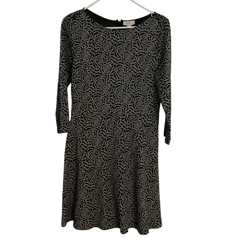 🩵 Loft black & charcoal grey rose print dress